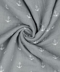 Gauze, Musselin – Double Gauze Grau mit weißen Ankern