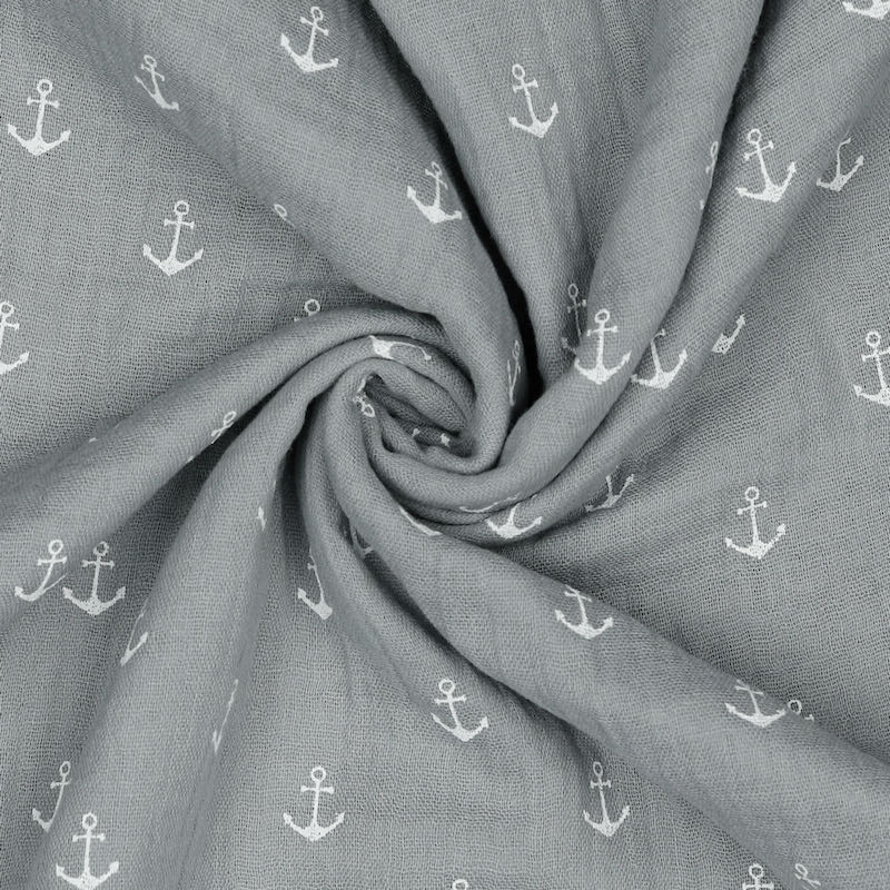 Gauze, Musselin – Double Gauze Grau mit weißen Ankern