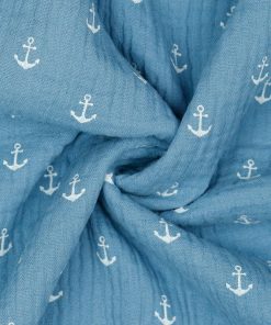 Gauze, Musselin- Double Gauze Blau mit weißen Ankern