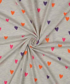 Jersey, bunte kleine Herzen auf Melange Grau
