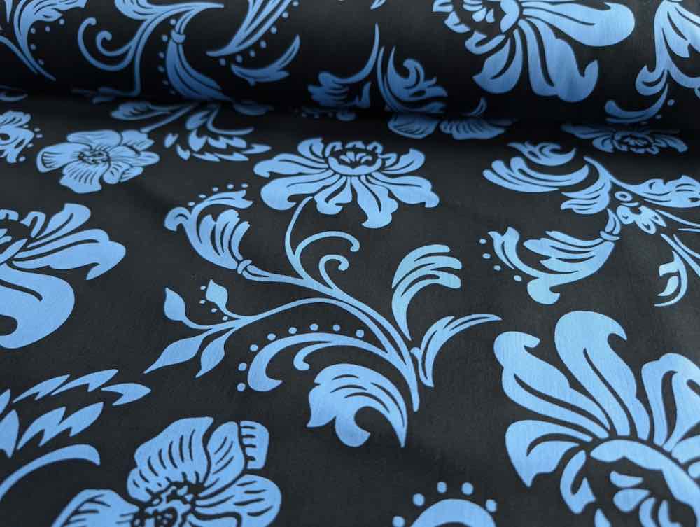 Baumwolle, Baumwollstretch, Hellblaue Blumen auf Marine