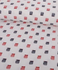 Baumwollstoff mit eingewebten Doppeldecker Bussen auf Weiß