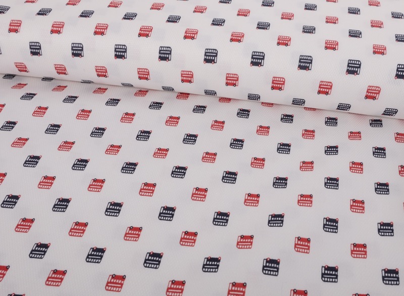 Baumwollstoff mit eingewebten Doppeldecker Bussen auf Weiß – Bild 2