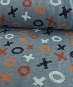 French Terry, Sweatshirtstoff, bunte X und O auf Jeansbau