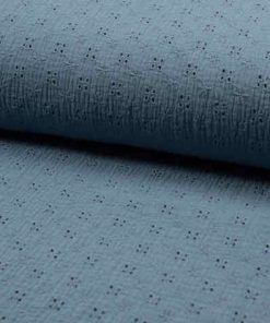 Baumwollstoff, Musselin, Gauze mit Lochstickerei, Jeansblau