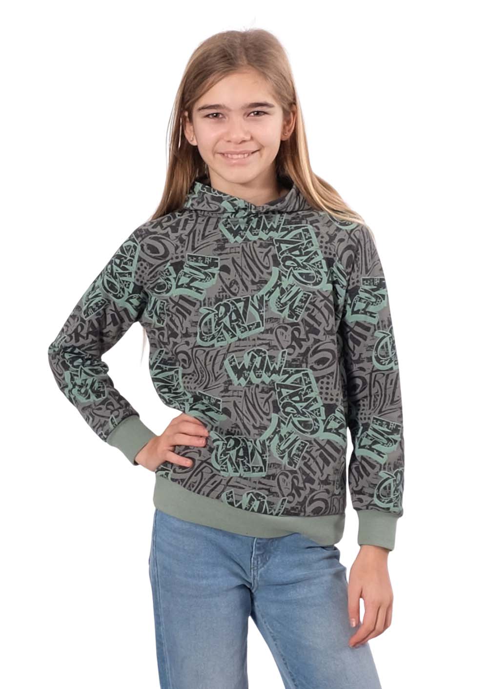 Sweatshirtstoff, Skater Mint Grau Grafitti Druck – Bild 5