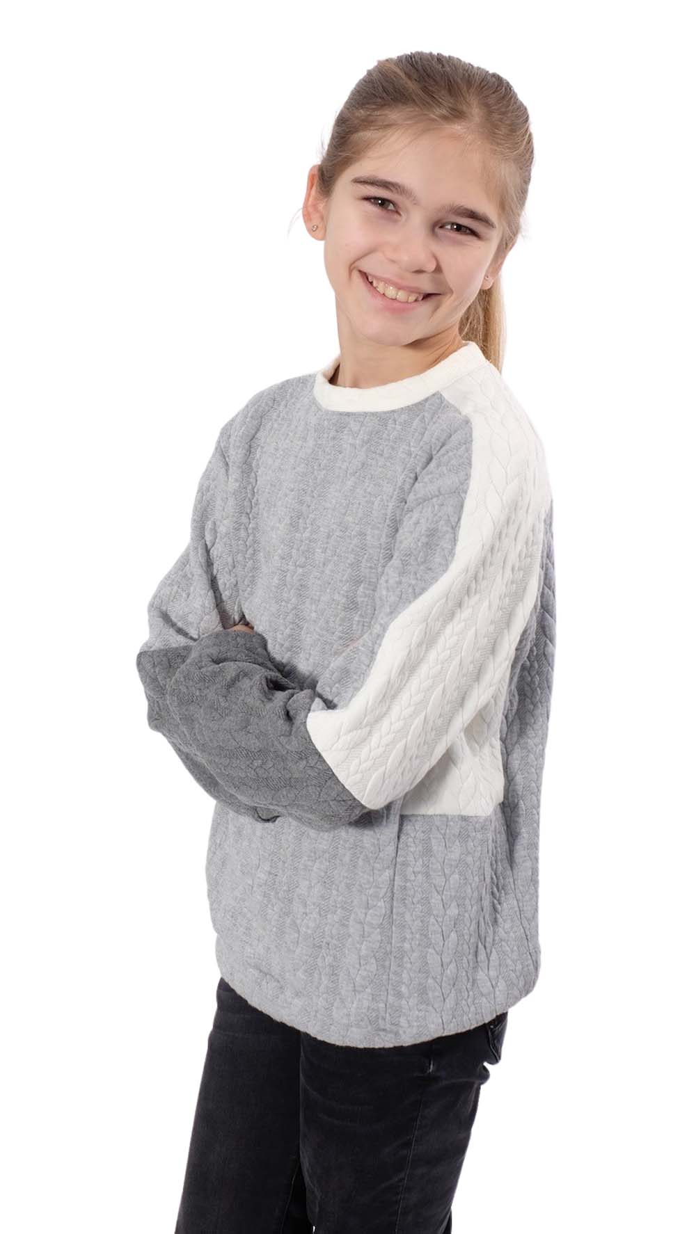 Dehnbarer Strickstoff mit Zopfmuster, Ecru – Bild 3