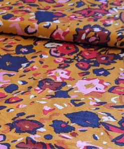 Viskosejersey, Blumenmusterung Blau / Rot auf Gelb