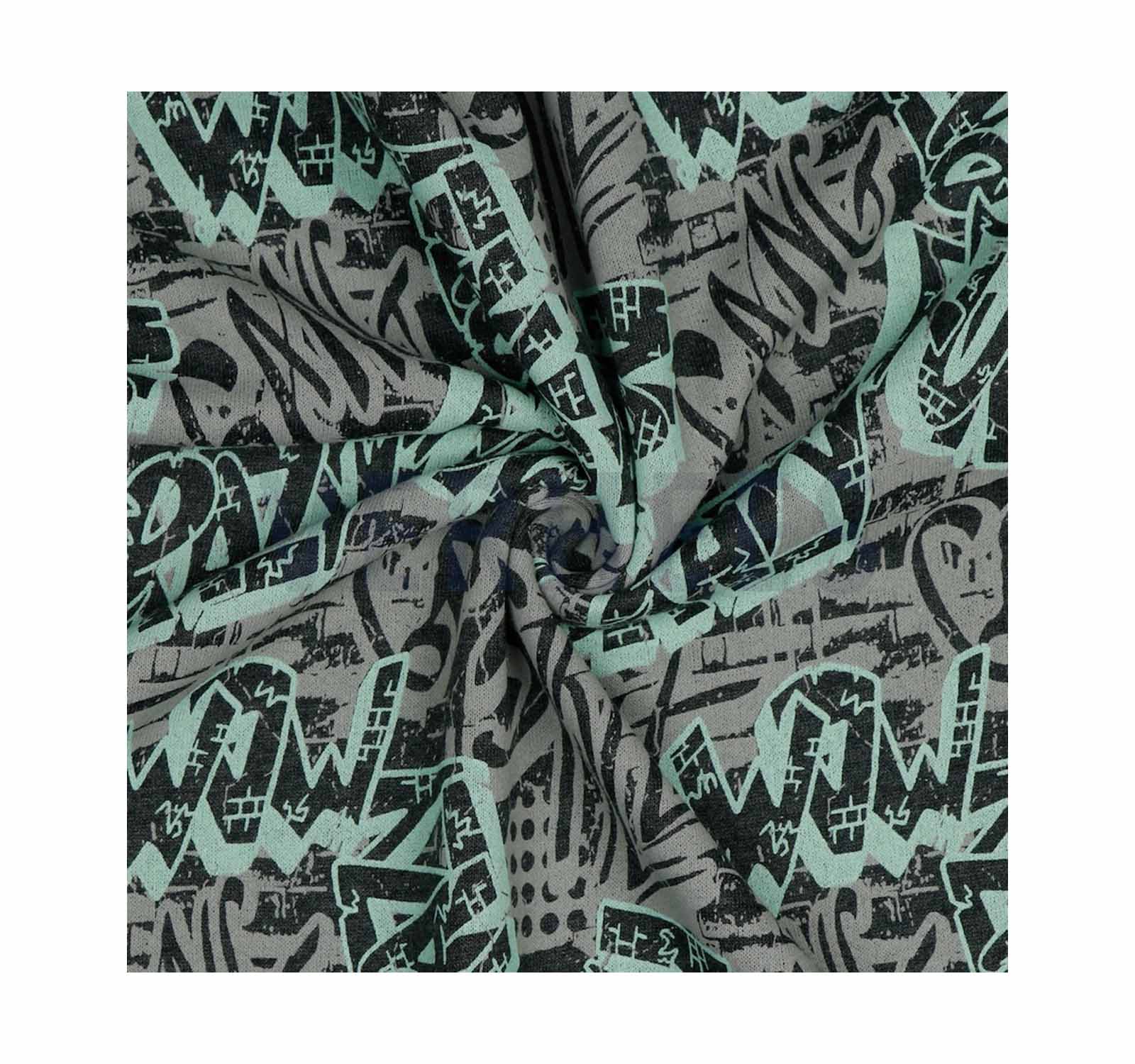 Sweatshirtstoff, Skater Mint Grau Grafitti Druck – Bild 3
