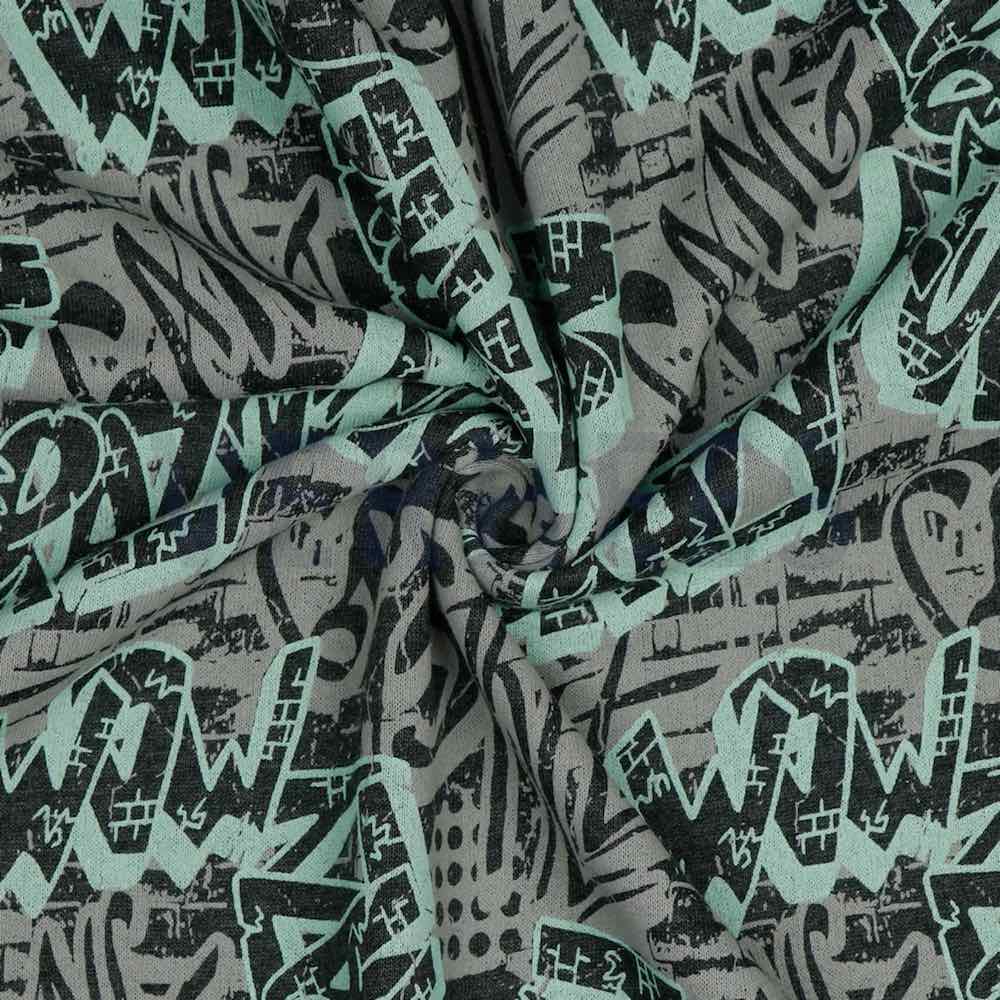 Sweatshirtstoff, Skater Mint Grau Grafitti Druck – Bild 2