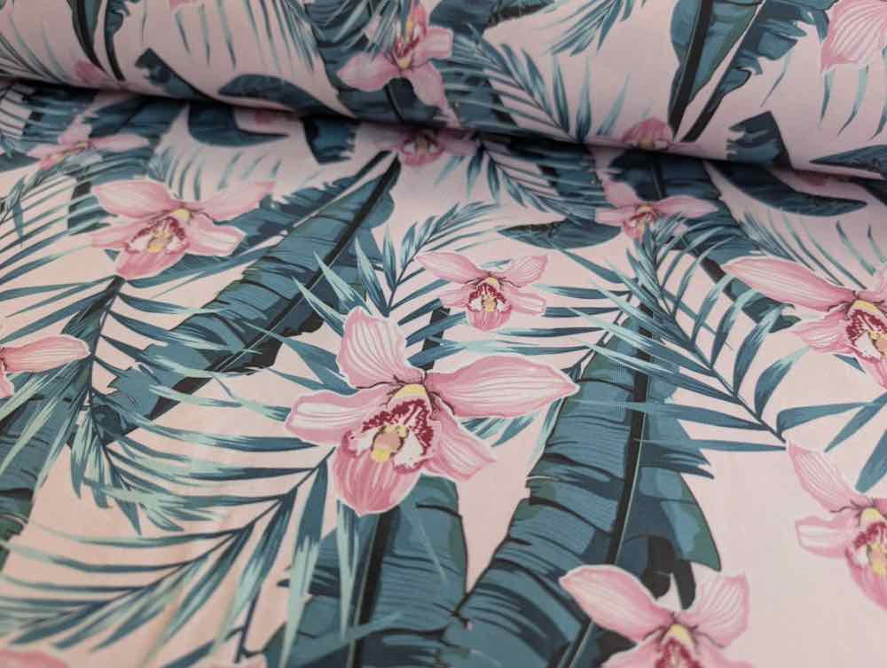 Slinky, Mischgewebe, Hibiskusblüten Rosa Petrol