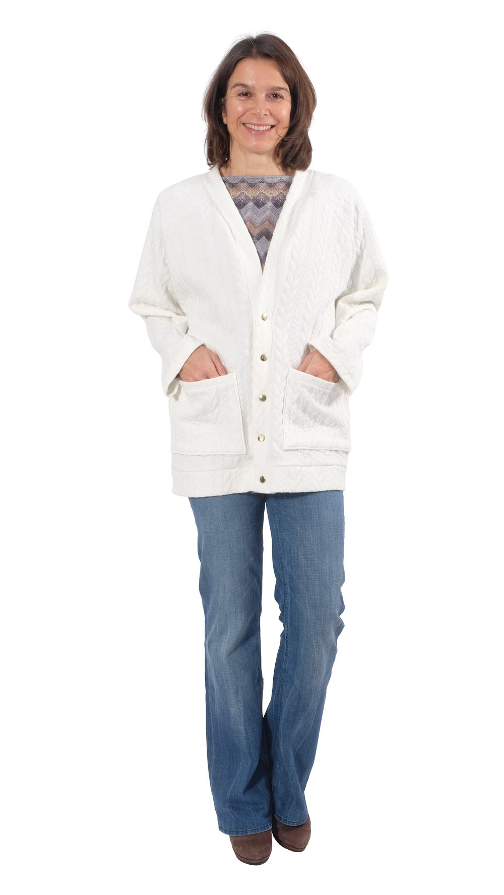 Dehnbarer Strickstoff mit Zopfmuster, Ecru – Bild 4