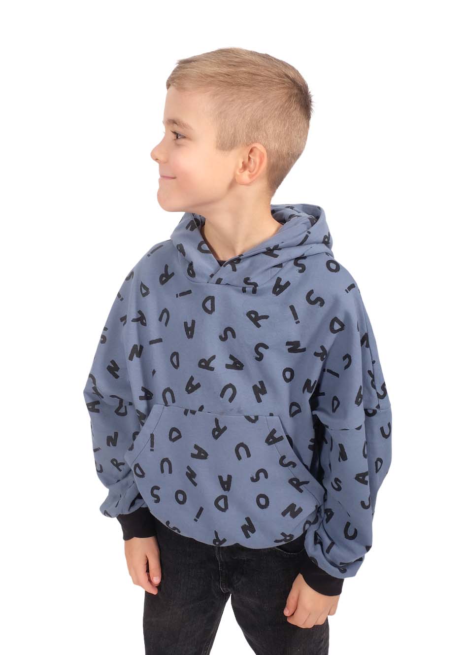 French Terry, Sweatshirtstoff, ABC in schwarzer Schrift auf Weiß – Bild 6