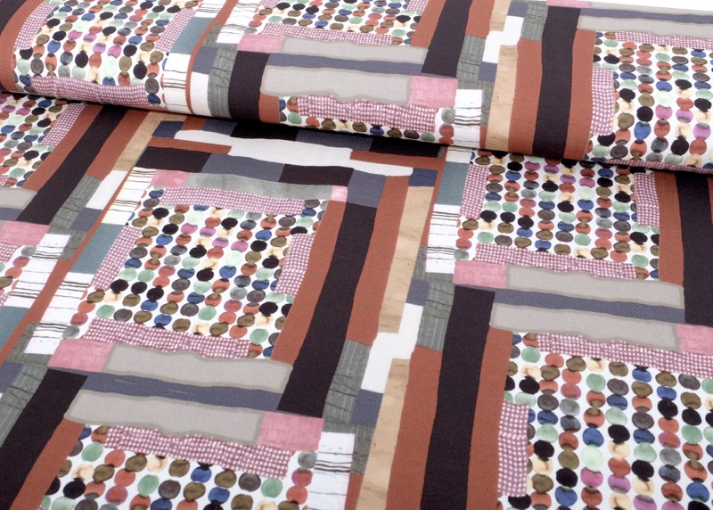 Viskosejersey, grafisches Muster / Tupfen Retro Look – Taupe / Altrosa