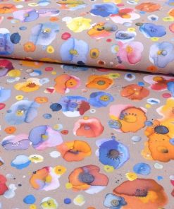Baumwollstoff, Aquarellblumen auf Taupe