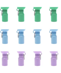 Springer Water Bottle, Mini-Reiseflasche, inkl. Napf bpa-frei, 440ml, mit Karabiner (Wasser kann wieder zurück laufen), blau, grün, lila